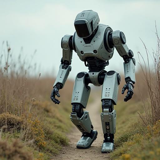 Futuristic robot designed for picking up trash. Robot stands on a path in nature. Focus on eco-friendly and pollution prevention features. Gray color with articulated limbs. Natural scenery in the background.