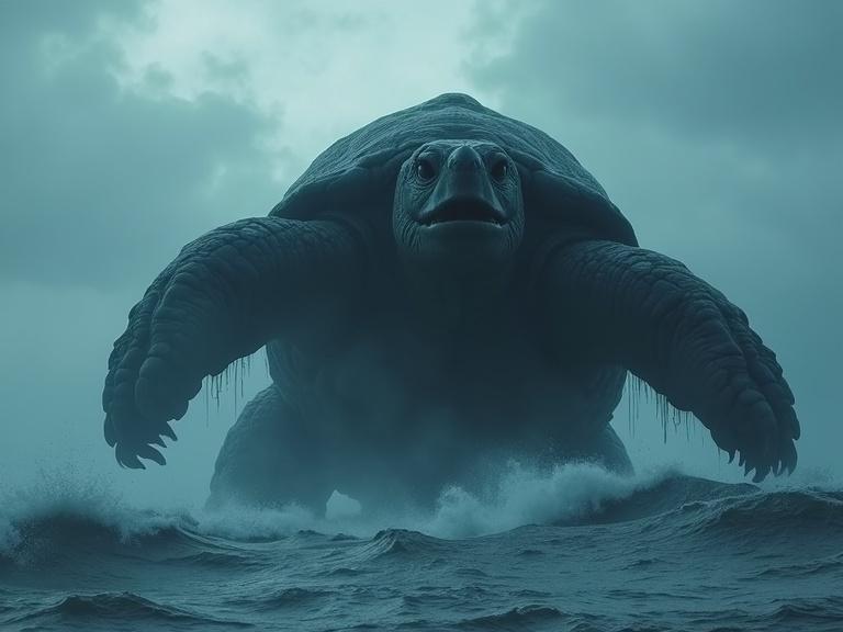 Dark cinematic scene featuring a giant humanoid turtle rising from a stormy ocean. Huge waves crash against it. Very dark silhouette with thick textured shell. Heavy mist and rain create an atmospheric effect. Two tusk-like teeth displayed. Short neck and claws visible. 4k resolution for intricate details and realism.