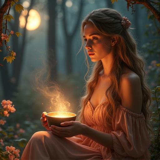 A fantasy scene in a moonlit forest with a beautiful woman. The woman has long flowing hair and wears an elegant silk gown. She sits beside a steaming cocoa cup emitting a golden glow. Floating cocoa dust sparkles in the air. The atmosphere is enchanting with vines and flowers surrounding the scene. The woman's expression is sweet and mysterious.