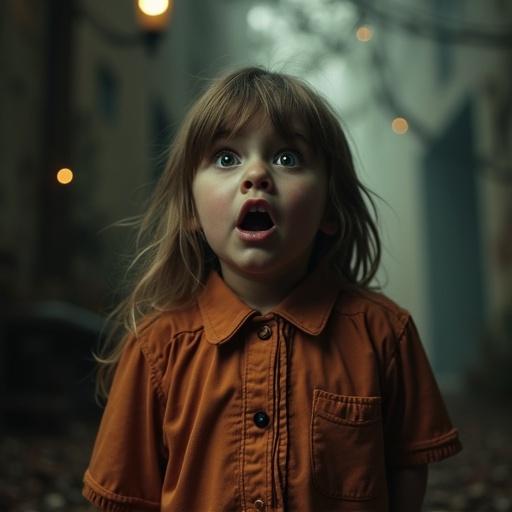 Child dressed as a witch in a Halloween setting. The child looks surprised and terrified at the camera. Eerie background adds to the spooky atmosphere.