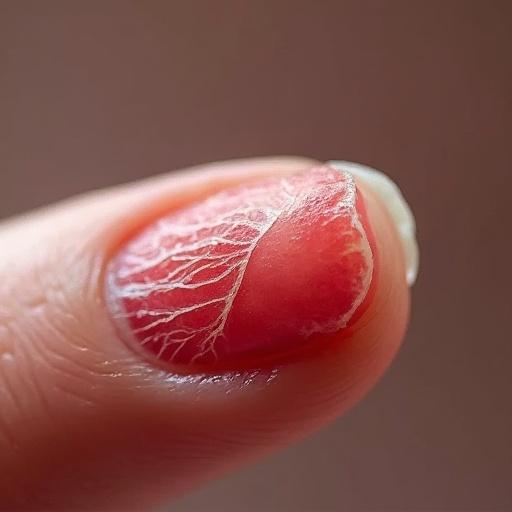 Close-up image of skin around a fingernail peeling and revealing red tissue beneath.