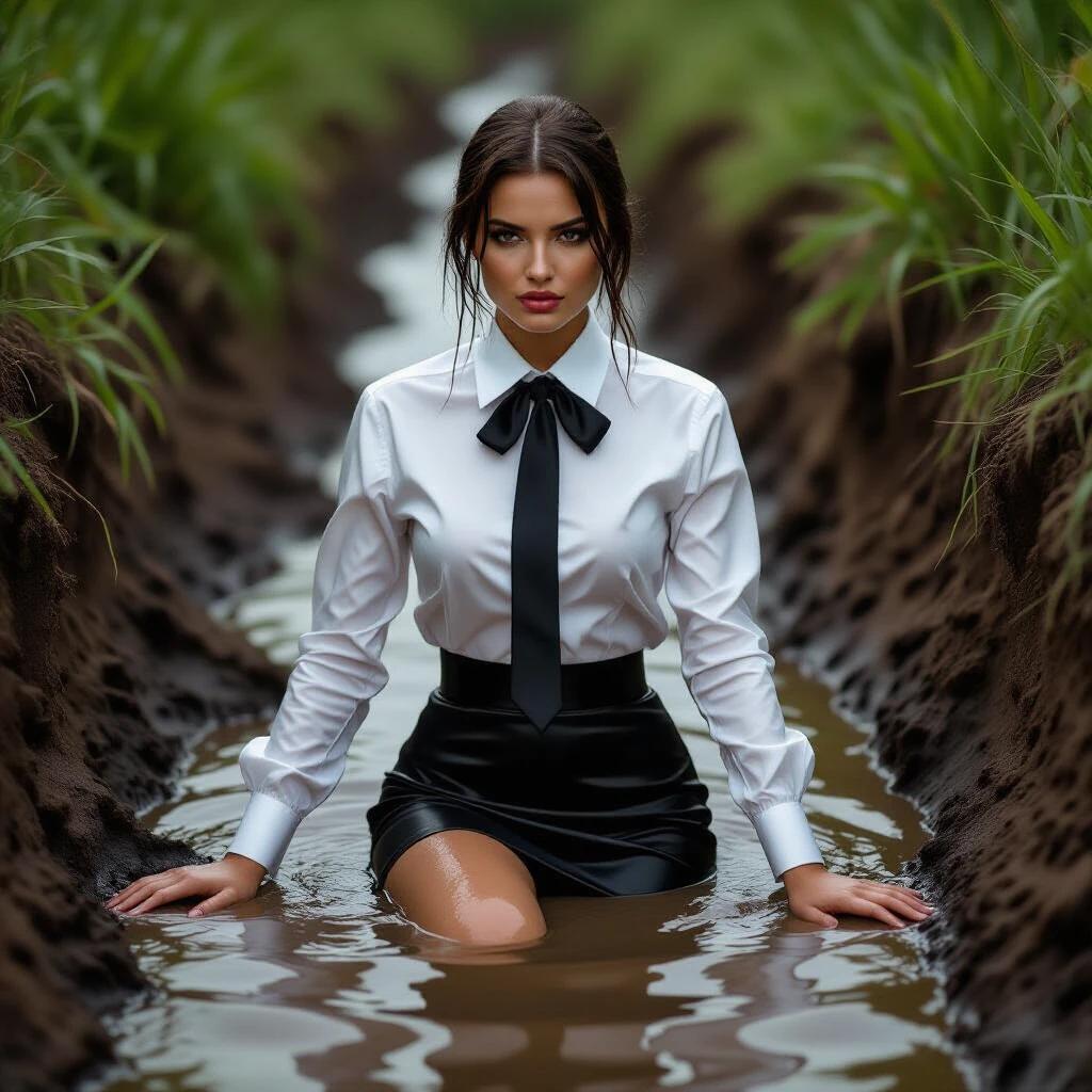 Photograph of a woman in a muddy ditch. She wears a shiny white satin shirt and a black satin pencil skirt. Her hair is wet and pulled back. She has a thumbs-down gesture. The ditch is filled with muddy water and surrounded by dry straw. The environment resembles a garden. The scene is humorous and conveys mild displeasure. The perspective is elevated from the waist up. The woman is centered in the image and the colors are predominantly muted browns and greys.