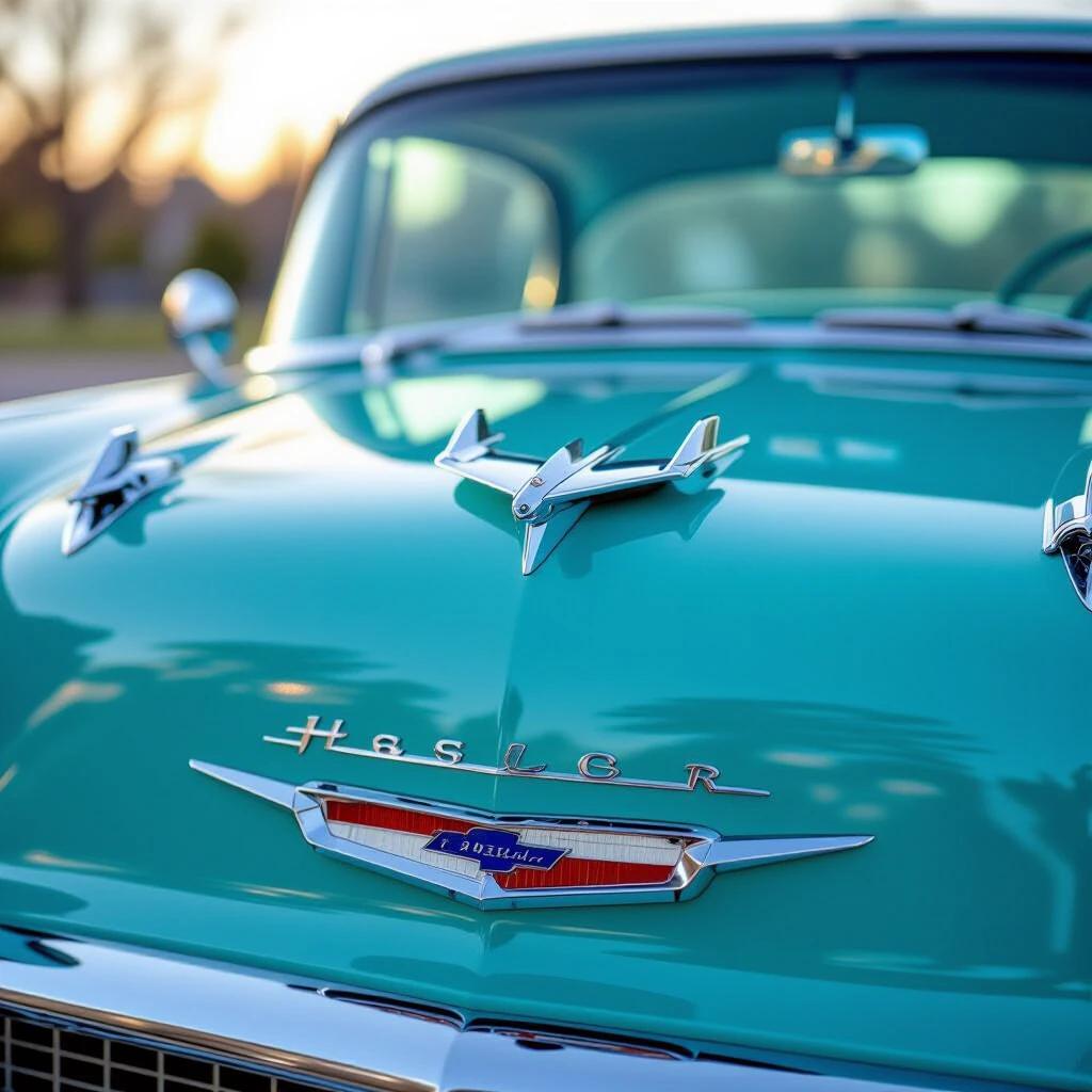 Close-up of the hood ornament on a 1957 Chevrolet Bel Air. An artistic photograph with a soft, blurred background. Focal point on the ornament showing details like micro-cracks and oxidation. Shot with a Hasselblad camera.