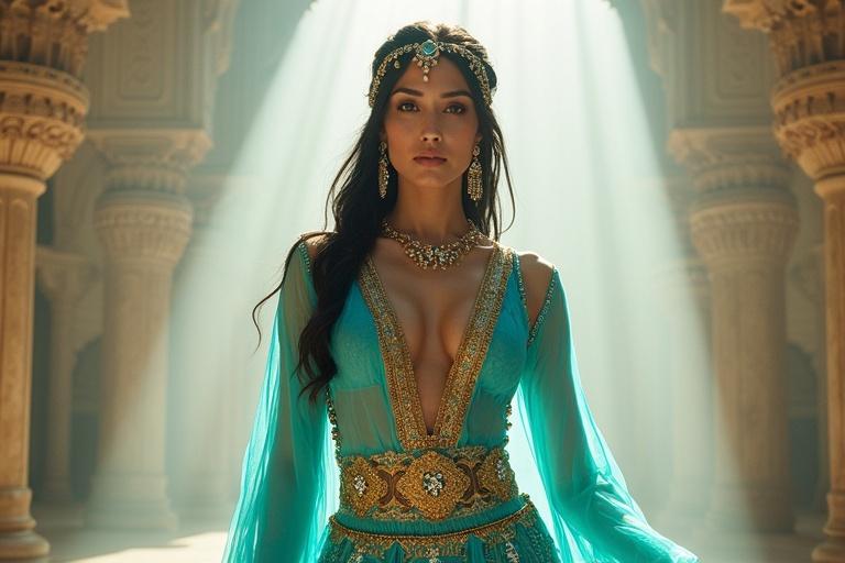 Tall woman in turquoise Arabian princess outfit with gold embroidery deep V-neckline. Shiny black hair and jeweled headpiece. Light pulses around her in a temple setting. Glorious expression.