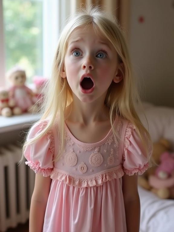 A close-up photo of an 8-year-old blonde girl with long hair and bright blue eyes. She is wearing a pink satin nightgown with frills and lace. She stands in a little girl's bedroom filled with dolls and teddy bears. Her expression shows shock.