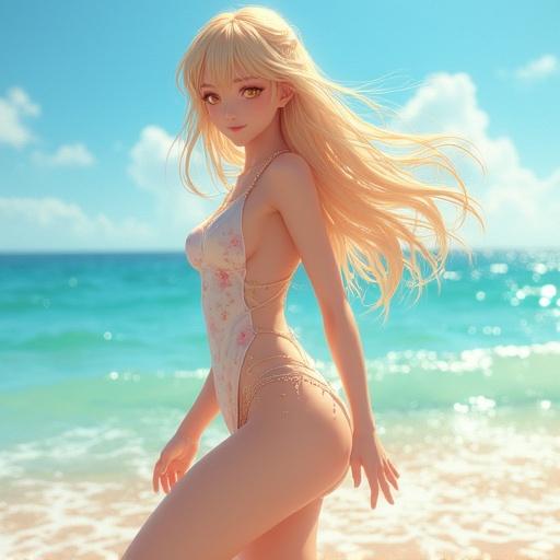 A semi-realistic portrait of a young woman at the beach. She has pale golden hair and wears a tasteful swimsuit. She displays a joyful expression. The background includes a sparkling sea and clear sky. Emphasize natural beauty and ethereal charm. Avoid anime styles.