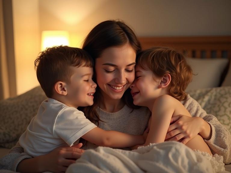 Family is together. Mother hugs her children. Warm light fills the cozy home. Smiles are present. The atmosphere evokes security and love. It is a high-quality photorealistic painting.