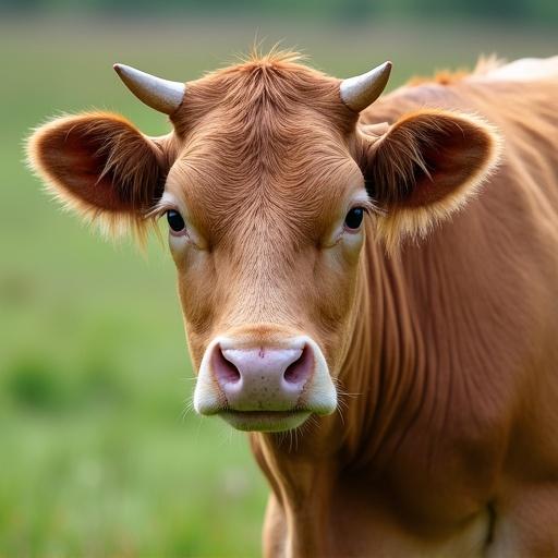 A close-up image of a cow's face showing its features in a natural farm environment