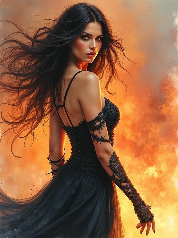 A powerful woman in a sexy outfit stands amidst a fiery landscape. The image depicts a powerful female character designed as a goddess. She exudes an aura of magic, emphasizing her powers. The pose is dramatic, showcasing her upper body with expressive features.