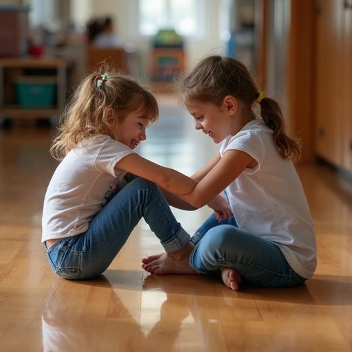 Two girls sit on the floor. They smile and interact playfully while sitting on a wooden floor. One girl presses her foot against her classmate. Both girls wear jeans and casual tops. The setting is bright with natural light streaming in from the window.