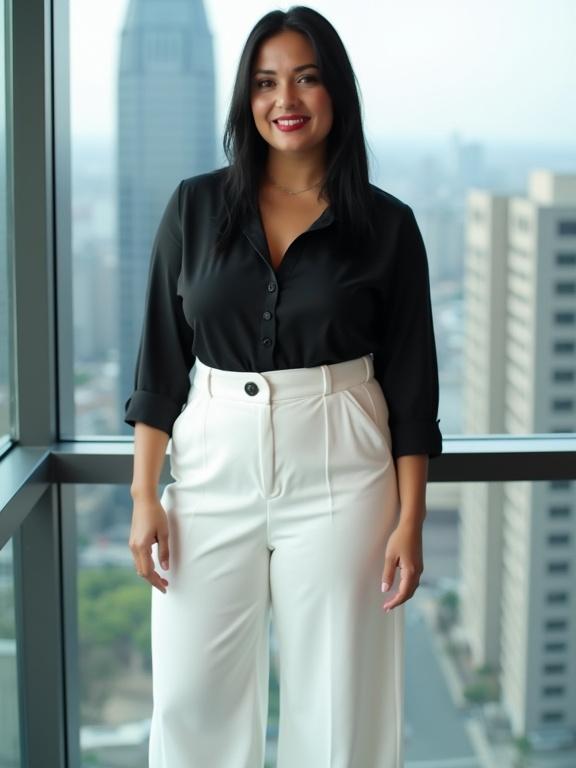 Latina mature woman wears a tight fitting black shirt. She has straight black hair and is standing by a window. The office overlooks skyscrapers in the city. The woman wears white wide leg pants and high heels with lipstick. The image has an analog style.