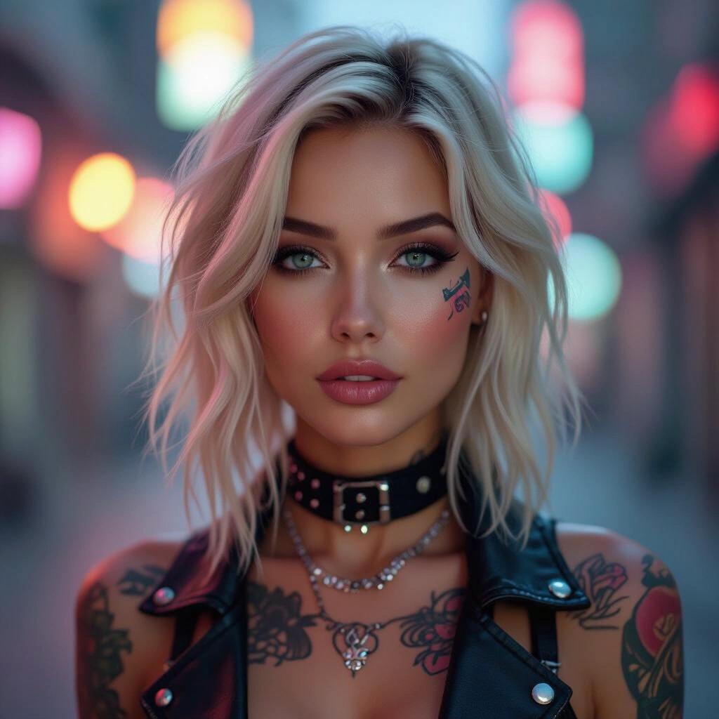 Album cover featuring a blonde cyberpunk model with tattoos Soft colorful lighting creates a dreamy atmosphere Bokeh effects in the background enhance the artistic appeal Model showcases glamorous styling