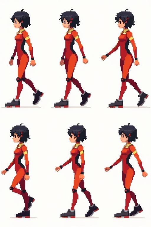 An 8-bit pixel art sprite sheet features an anime girl character in a walking animation. Short black hair has red orange yellow streaks. Attitude is tomboyish and bossy. Wears skin-tight mech pilot suit in warm colors. Includes multiple walking frames in side-scrolling animation style. Sprite has consistent size and 8-bit pixel art aesthetic.