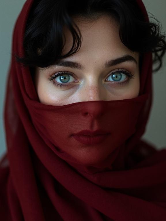 Cinematic film still portrays vintage fashion with a woman draped in a deep wine translucent scarf. Focuses on turquoise eyes and stylish attire. Captures the essence of retro photography from the 1960s to 1990s. Showcases soft lighting and detailed composition with a shallow depth of field. Evokes moody aesthetic typical of high budget cinematic photography.