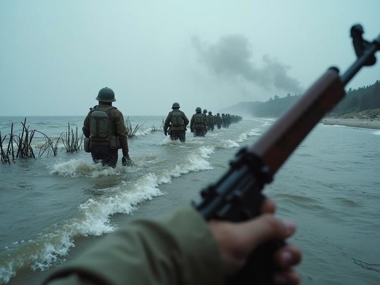 A view of soldiers landing on a beach during D-Day. Soldiers wade through turbulent grey water. Wet hands grip a rifle with its stock submerged. Obstacles like barbed wire rise from the surf. Fellow soldiers move alongside in misty conditions. The air is thick with haze, and the sky is overcast.