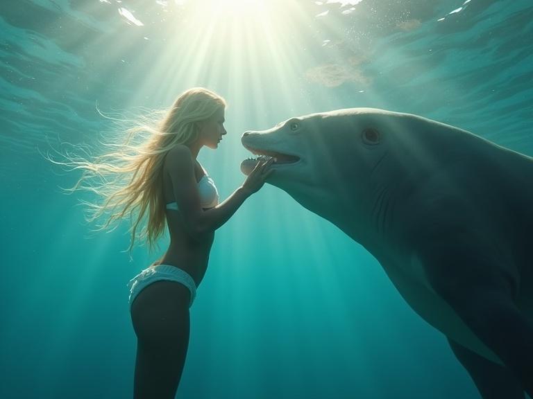 Hyperrealistic underwater scene of a girl in white bikini with flowing blond hair and a gentle sea beast. Their bodies half-submerged, the girl touches the beast's jaw. Sun rays pierce through the water creating a dreamy and magical atmosphere. Cinematic lighting and color grading enhance the beauty of the moment.