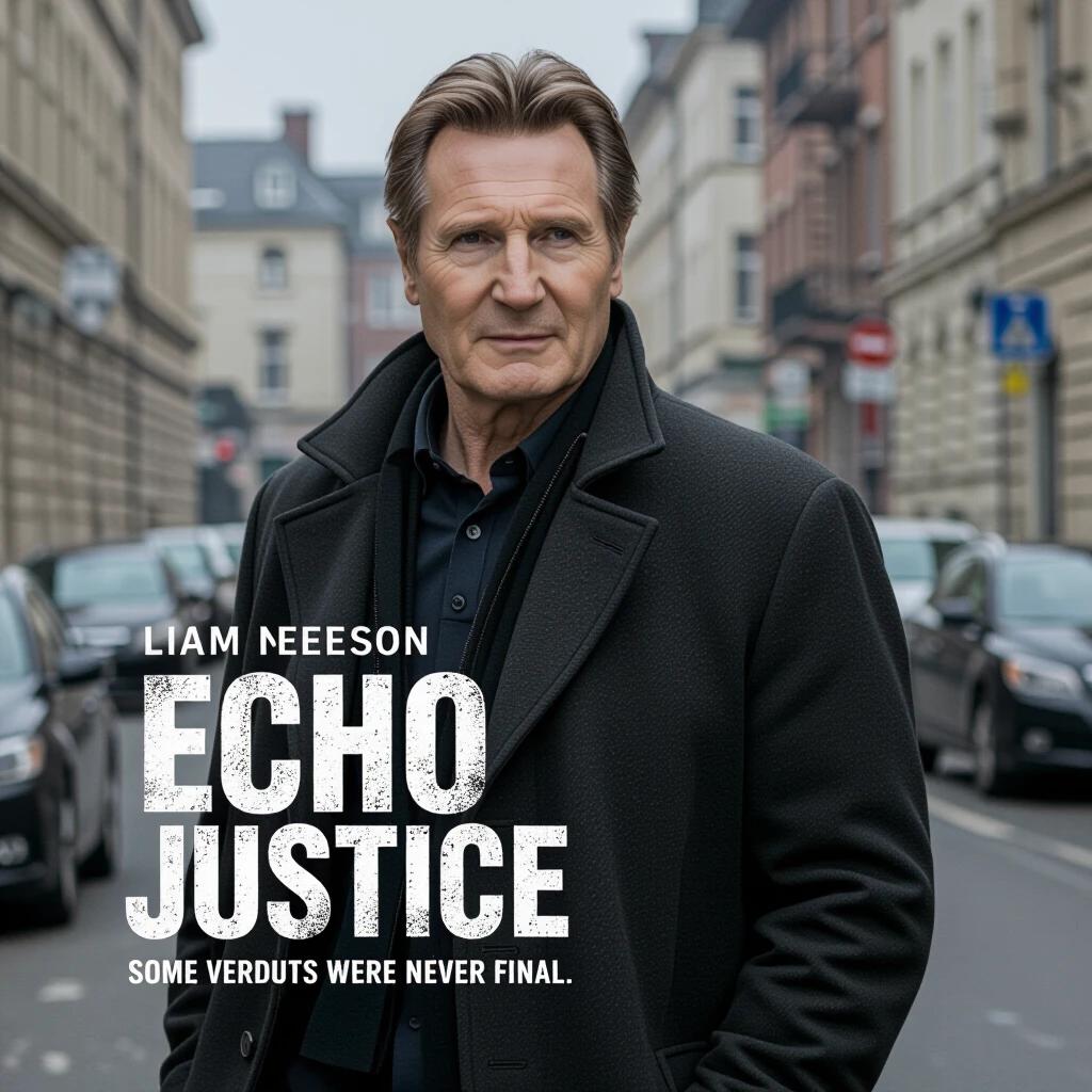 Liam Neeson poses in an urban environment wearing a black coat. City street view captures a backdrop of buildings. The movie title ECHO JUSTICE appears prominently with an intriguing tagline. Evocative atmosphere and intense character presence create interest.
