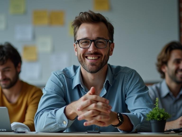 A smiling man sits at a desk with colleagues in the background. The office has a modern feel with sticky notes on a board. The man appears confident and approachable.