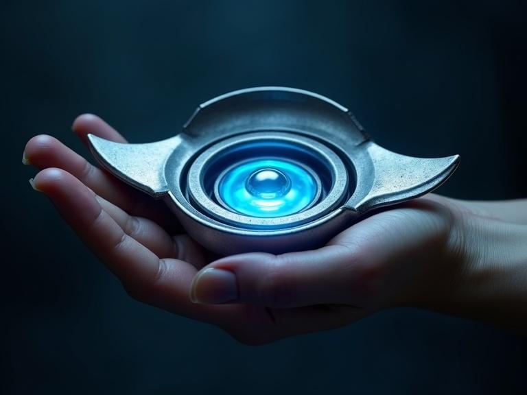 Hand holding a silver metallic sci-fi artifact with a glowing blue LED sphere in the center in palm. Reflective and shiny. Close-up angle shows details and textures against a dark blue background.