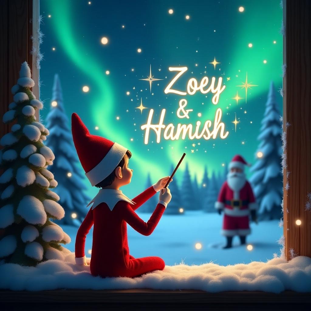 Elf on the shelf with back to viewer facing a magical winter sky. Elf in red outfit uses wand to write names Zoey and Hamish in stars. Background features northern lights and snow-covered trees. Santa's silhouette seen in distance.