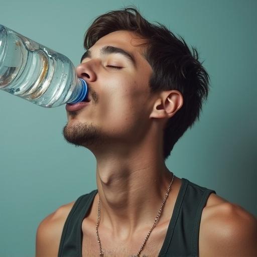 Image depicts a person chugging a water bottle without using hands. The person appears focused and engaged. The water bottle is transparent. The setting has soft lighting to emphasize the action.