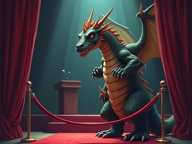 A powerful dragon stands guard at a lectern in front of a microphone. Dragon grips a red velvet rope like a bouncer. Scene combines fantasy and formality, mixing TED Talk elements with exclusivity. The dragon's posture is firm and imposing. Their eyes scan the crowd with amusement and authority. The lectern is subtly spotlighted, suggesting denied access. Rich maroons, deep navy blues, soft pale yellows in color palette. Lighting is moody and theatrical.