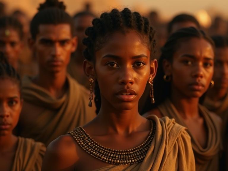 Cinematic close-up of Egypt-inspired characters. Diverse faces with brown skin, kohl-lined eyes. Men in linen robes, women in wrapped dresses. Anxious expressions capture tension. Warm light from torches illuminates skin textures. Realistic focus depth highlights details. Characters embody ancient aesthetic.
