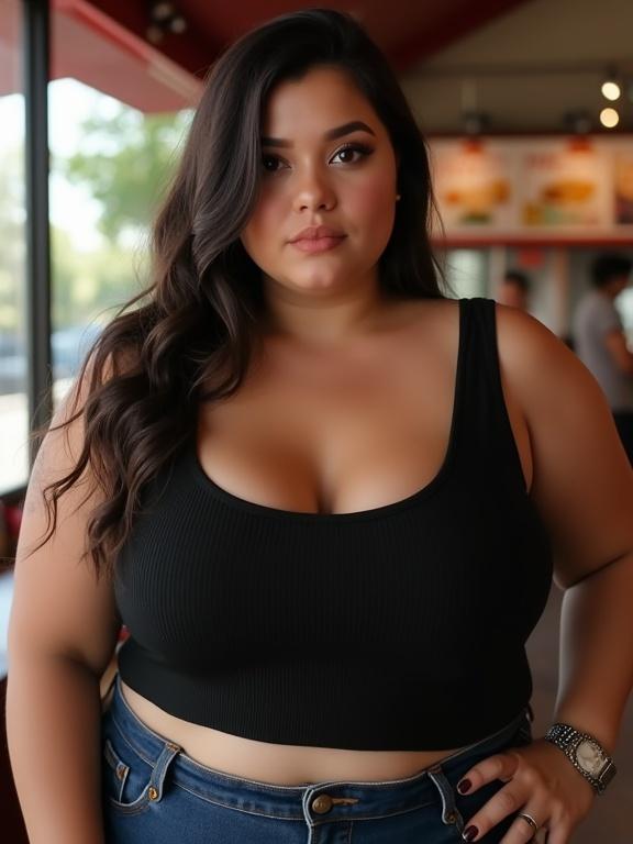 Very beautiful plus size Latina girl in a fast food restaurant. She is wearing a black tank top. Photorealistic chest up portrait taken in natural lighting.