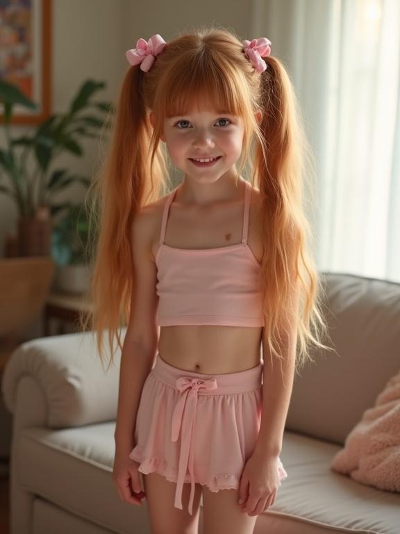 Young girl with long blonde hair and twin tails wearing pink bows. She smiles in a softly lit living room. Dressed in a crop top and pink miniskirt with thigh-high socks. Appears cheerful and youthful.