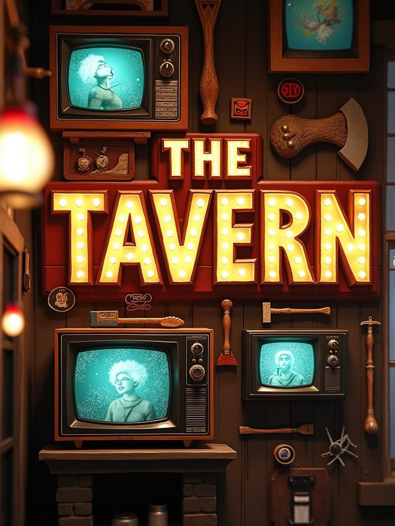 Colorful sign for a tavern with bold lettering. The words 'THE TAVERN' are prominent. Surrounded by vintage televisions and decorative axes. Captures rustic charm with an inviting look.