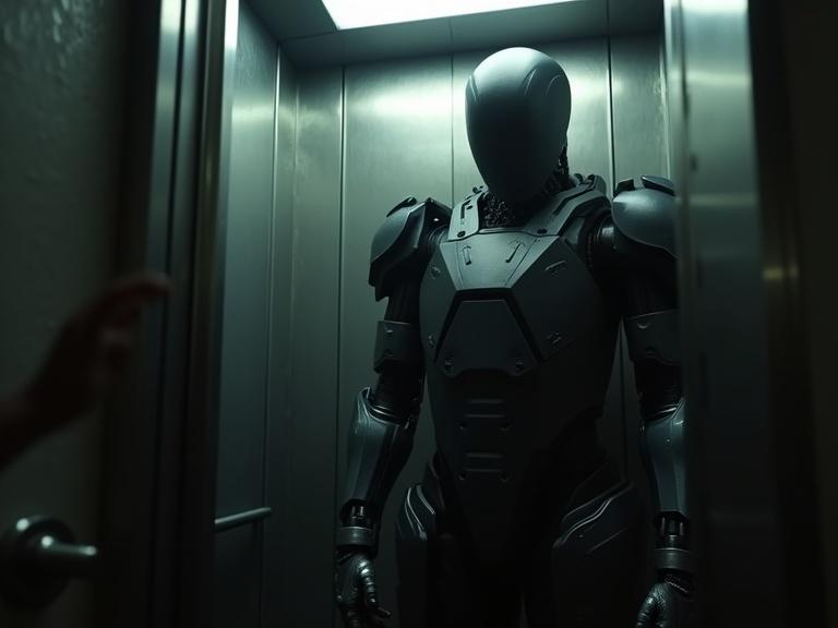 Inside an elevator a matte-black armored humanoid stands still. A pale biomechanical hand slaps against the glass leaving blood. The lights flicker and go dark momentarily. Tension and horror dominate the scene.