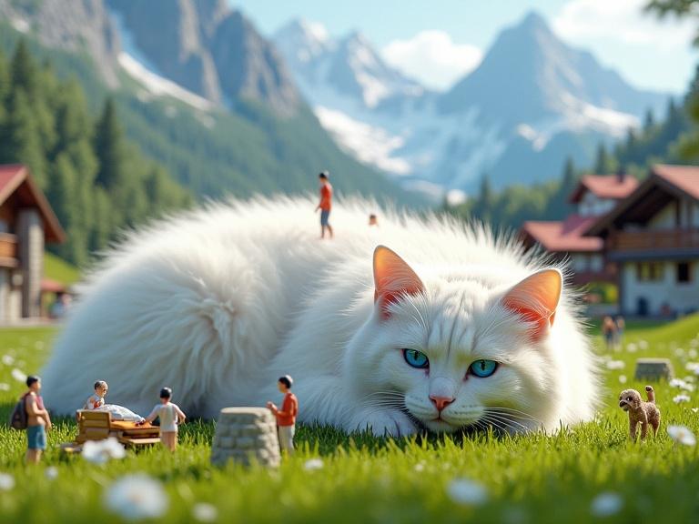 Hyper realistic scene of a giant fluffy white cat peacefully sleeping on grass. Tiny human figures interact around the cat. Humans gardening and playing. Background features mountains and wooden cabins. Bright daylight and vibrant colors. Ultra detailed textures.