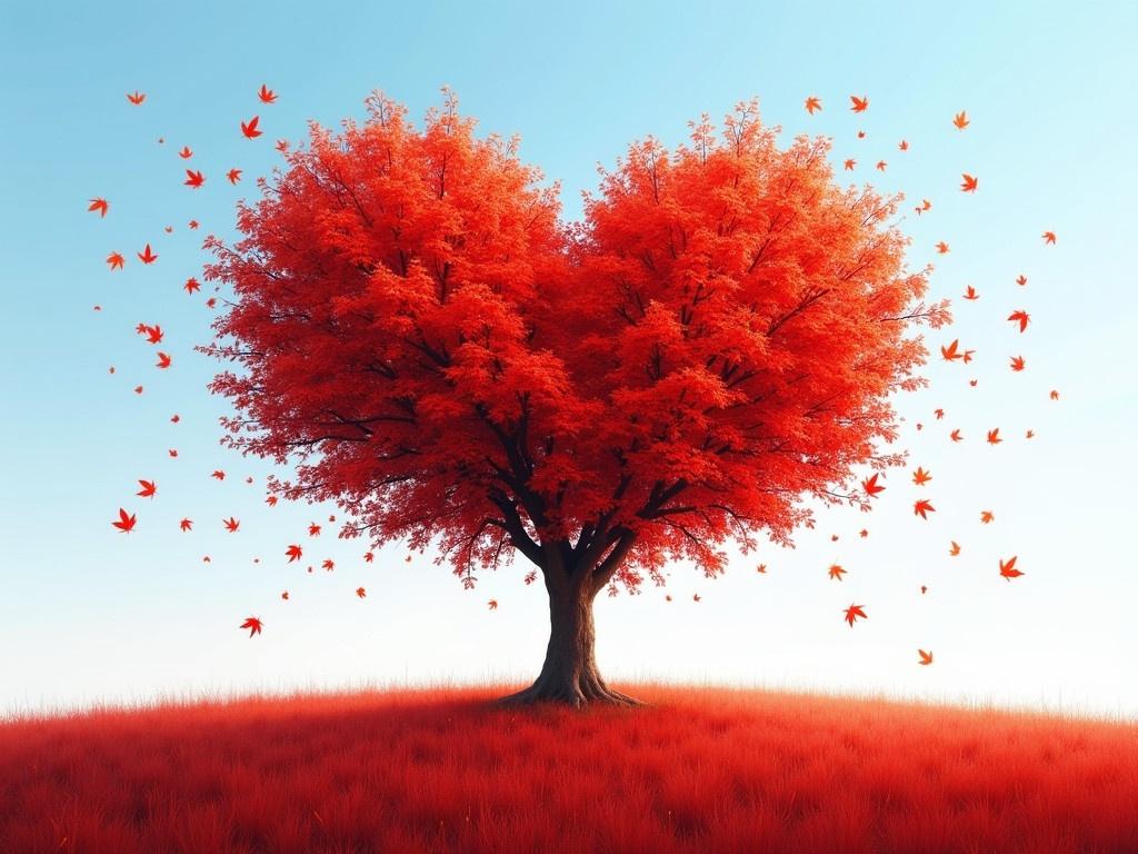 Photo of a tree with its treetop in the shape of a heart. The tree displays vibrant autumn colors with bright red leaves. Softly falling leaves scatter in the gentle wind. The background features a wide grass field covered in similar red hues. The sky above is a clear, light blue, creating a serene atmosphere. This picturesque scene captures the beauty of nature and the essence of love in the autumn season.