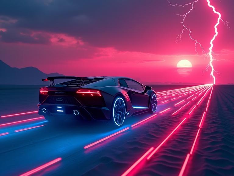 Vibrant deep blue and red light blend with cyberpunk style. Futuristic Lamborghini in a desert scene at sunset. Car viewed from a distance with lightning in the background. Seven lines of laser light trail behind. Strobe running light effect influenced by Night Rider. Fog and rain create atmospheric depth.