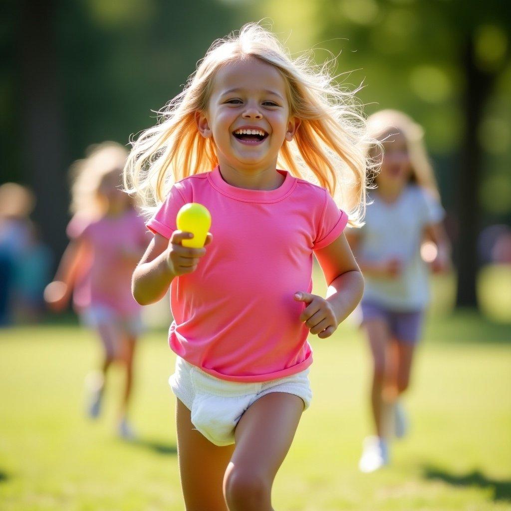 A seven-year-old girl is joyfully running in a sunny park. She has long blond hair that flows behind her, and she wears a bright pink t-shirt and a bulky diaper. In her hand, she holds a vivid yellow toy, enhancing her cheerful demeanor. The background features other children playing, but they are slightly blurred to focus on her happiness. This moment captures the essence of carefree childhood in a vibrant outdoor setting.