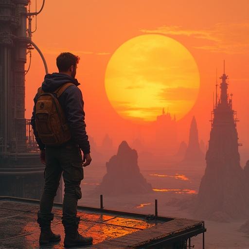 Highly detailed painting of a cyberpunk city on Proxima B after sunset. Young man with futuristic clothes stands on a rooftop. Looks toward horizon past city edge with rocks and desert. Solar flares in sky. Gritty texture and cinematic composition.