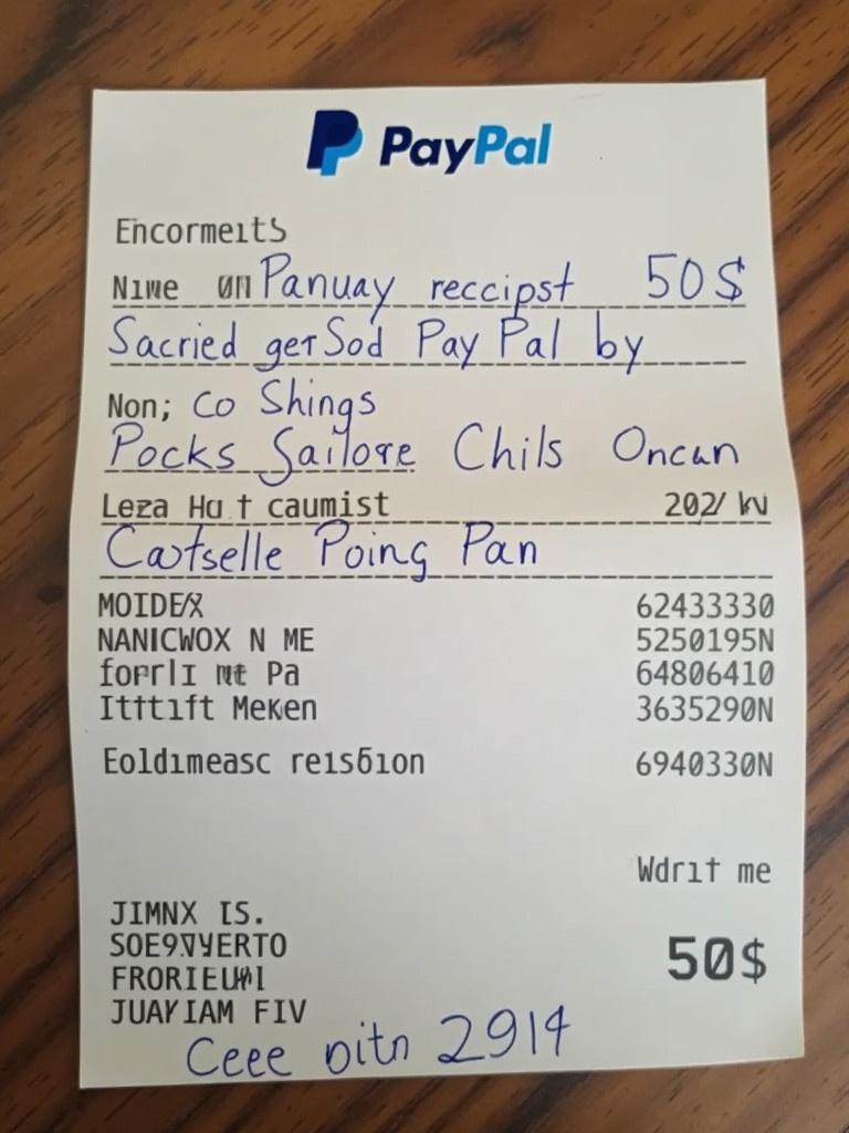 Image of a $50 PayPal payment receipt. Receipt is labeled with PayPal branding. Text includes payment details and transaction identifiers. White paper with blue PayPal logo and dark text. Informational content visible on the receipt.