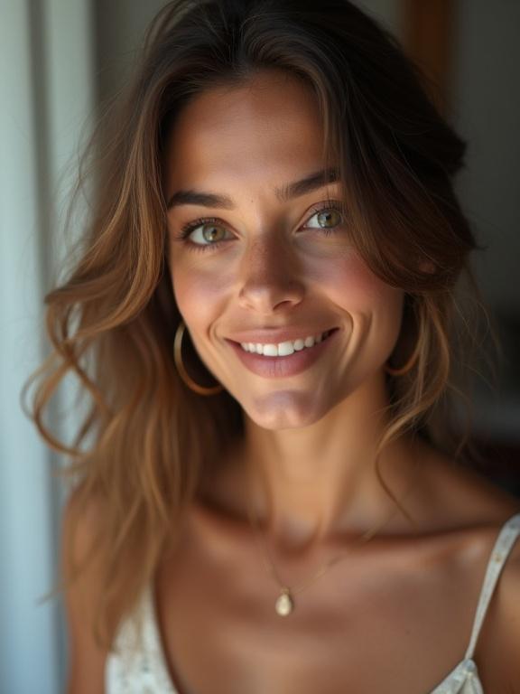 Cellphone photo showing a beautiful woman wearing a neckline top. The woman has a warm smile and is captured in natural lighting.