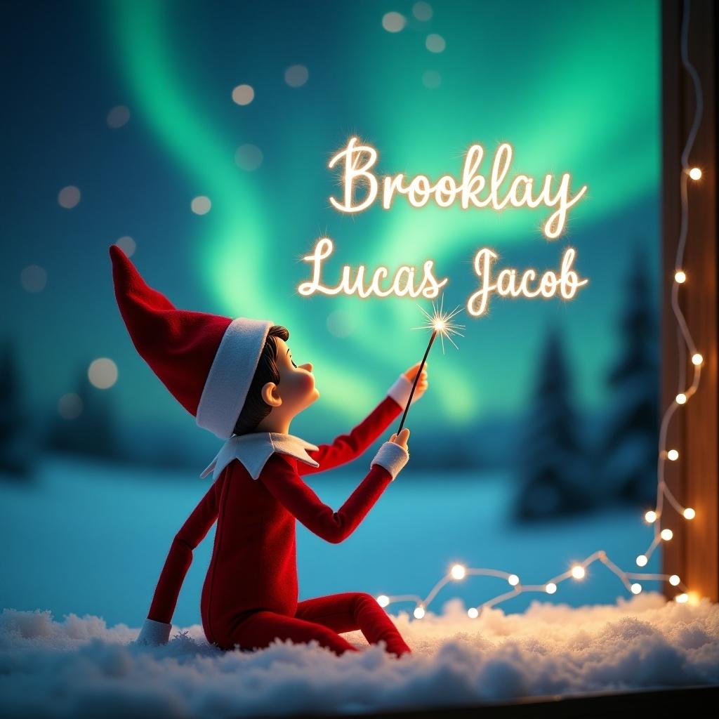 This image captures a charming scene featuring a girl elf on the shelf. The elf is dressed in a classic red outfit and is positioned with its back to the viewer. It gazes upwards towards a captivating sky illuminated by vibrant northern lights. In one hand, the elf holds a magic wand, which it uses to elegantly write the names Brooklay, Lucas and Jacob in sparkling letters above. The snowy ground enhances the serene and magical atmosphere of this holiday moment.