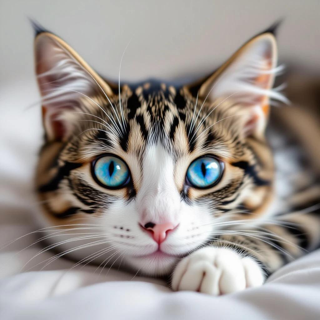 Cat with striking blue eyes takes center stage. Tabby cat reclines on soft white bedding. The expression is inquisitive and charming. Natural light illuminates the scene. Feline features are delicately captured. The focus is on the eyes and distinctive coat pattern.