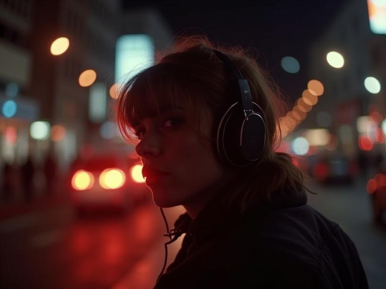 A close-up of a person wearing 80s headphones at night on a city street. Neon lights reflect in the background. The scene captures an 80s vibe with a disposable camera aesthetic. The subject looks contemplative and stylish. Urban setting with blurred taillights. Nightlife ambiance.