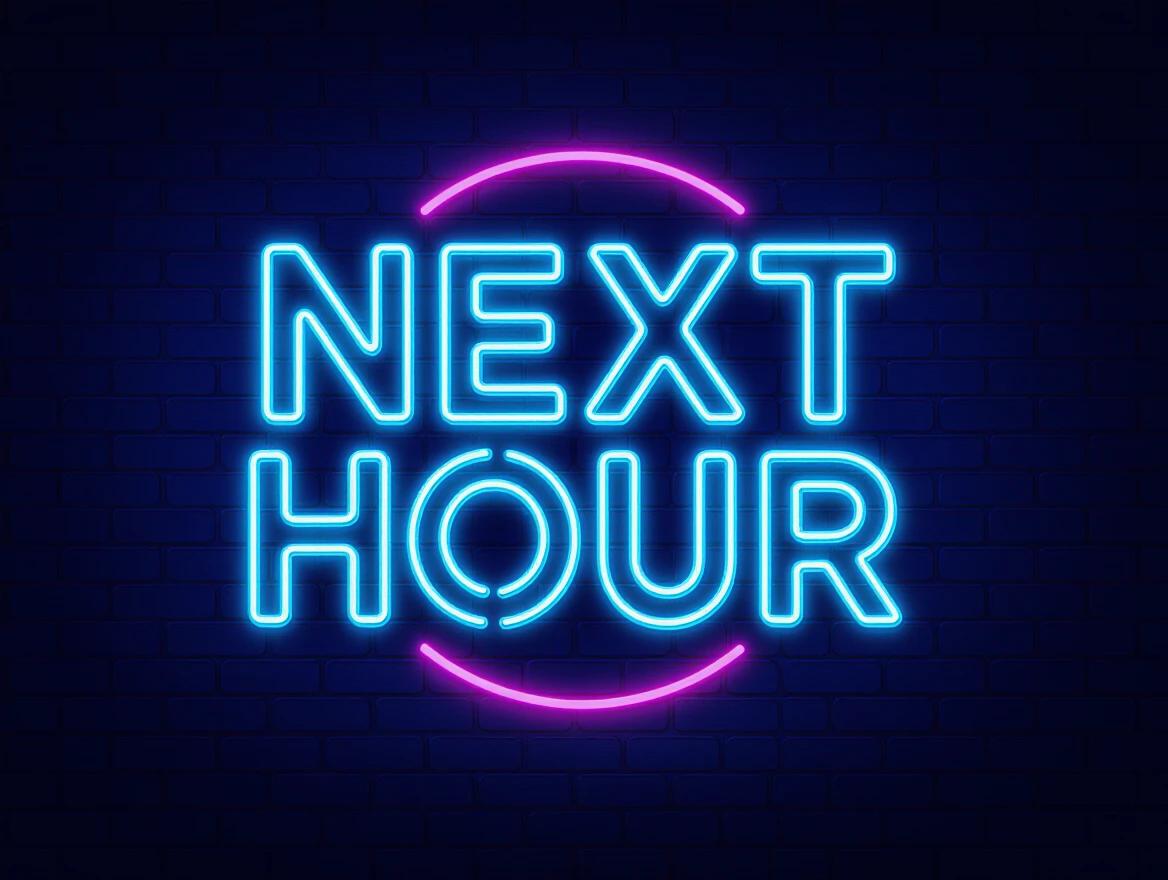 Logo for metalcore band titled Next Hour. Modern design incorporating bright neon colors. Features large neon lighting effect. Text is bold and stylized.