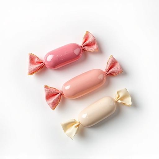 Top view of three colorful candies on a white background. The candies are glossy and have gold accents on the ends, creating a visually appealing arrangement.