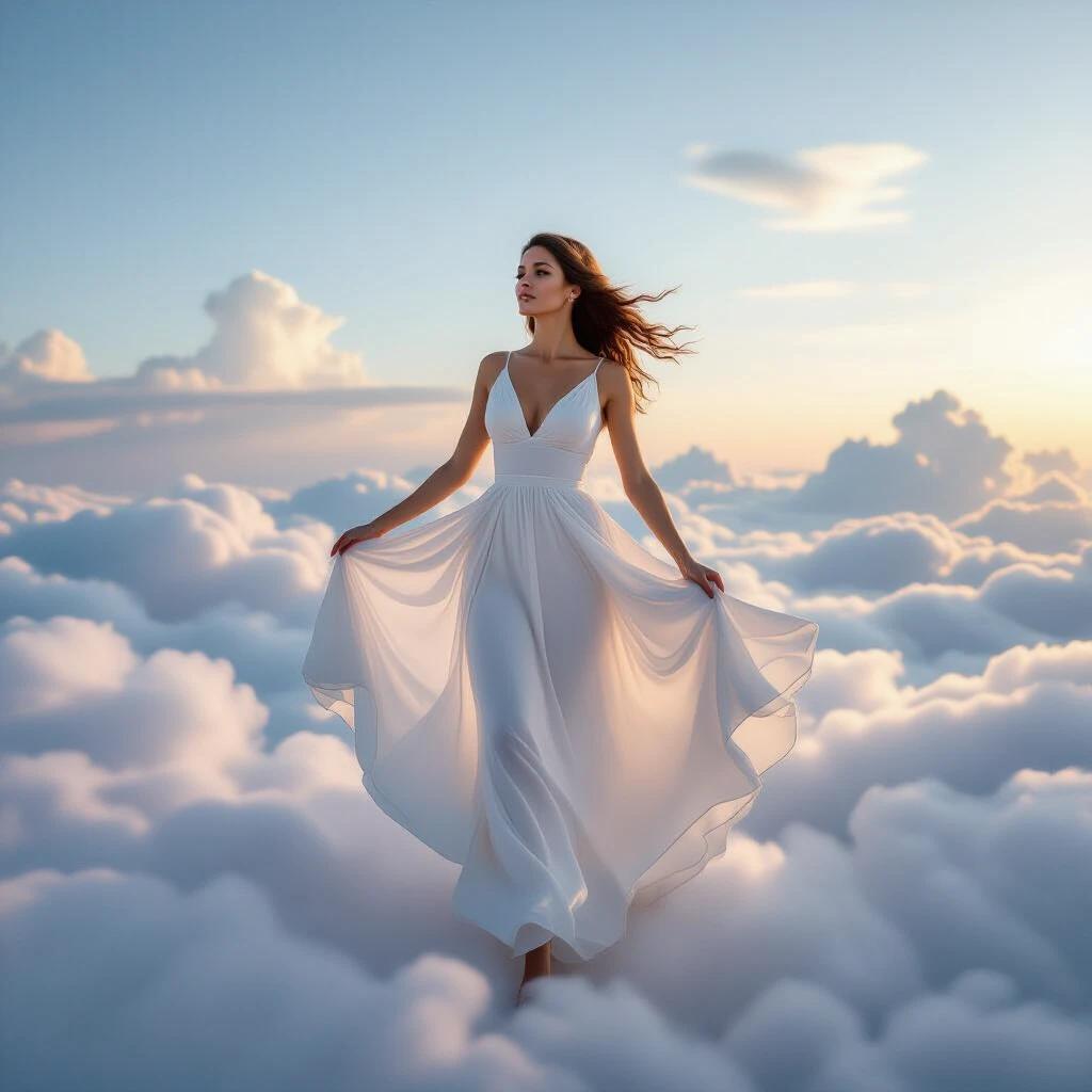 A woman in a flowing white dress hovering gracefully among clouds in a serene sky. Softly illuminated clouds create a dreamlike atmosphere.