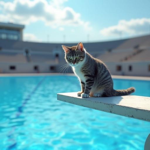 Photorealistic image of a Maine Coon cat standing on a diving board. The cat is gray with white paws. It overlooks a blue pool. The cat looks tense with ears flattened and tail twitching. Gentle ripples in clear water below. Blurred stadium and a blue sky in the background. Hyper-realistic style with detailed fur. Low-angle shot to emphasize height.
