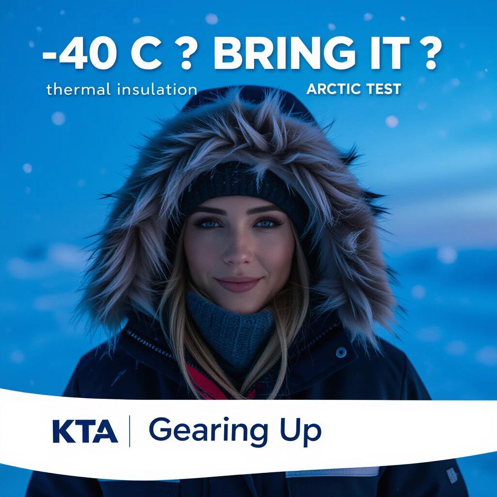 Expedition base at the North Pole during blue twilight hour with snowfall. Middle Eastern woman dressed in a thermal jacket with iridescent lining and fur-trimmed hood. Ice crystals are visible on eyelashes against a cinematic backlight effect.