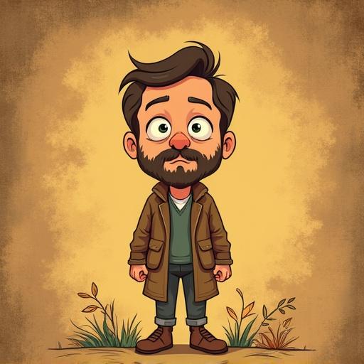 Vintage artwork using flat colors. Background resembles an ancient manuscript. A man stands with big outstanding eyes. Outlined edges create a 2D old cartoon effect. Lacks contemporary elements. Fully vintage style.