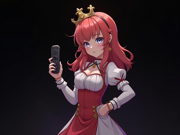 Adult female lead game character in princess clothing holding a game controller. Black matte background enhances the focus on the character. Logo of Hime x Geemu placed in the center.