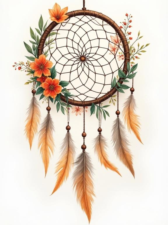 A beautiful bohemian dreamcatcher illustration with intricate bead details. It features delicate feathers and vibrant floral patterns. The composition has a natural aesthetic with elements arranged in a circular flow. Soft warm colors blend with gentle light and shadows. The fine brushwork expresses the dreamcatcher's delicate nature.