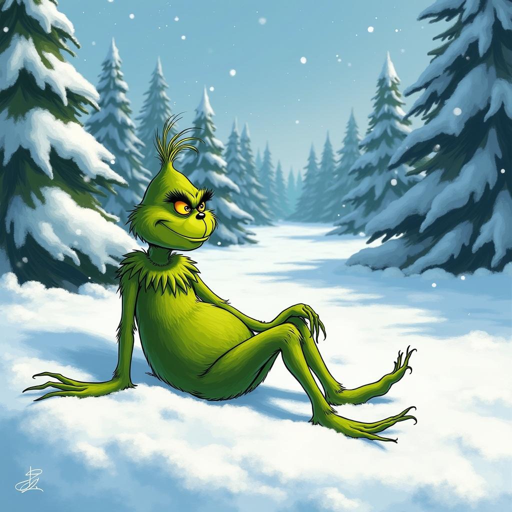 The Grinch character sits in snow and writes THE Conner FAMILY. Snow covers the ground. Pine trees are in the background. The Grinch is green and animated.